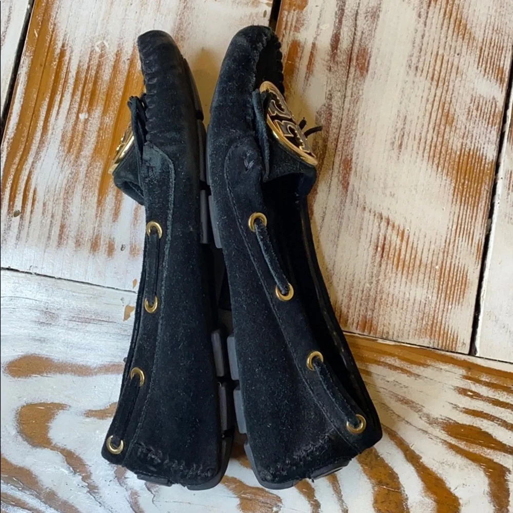 Tory Burch Black Gold Logo Suede Leather Loafer Shoes Size 6.5